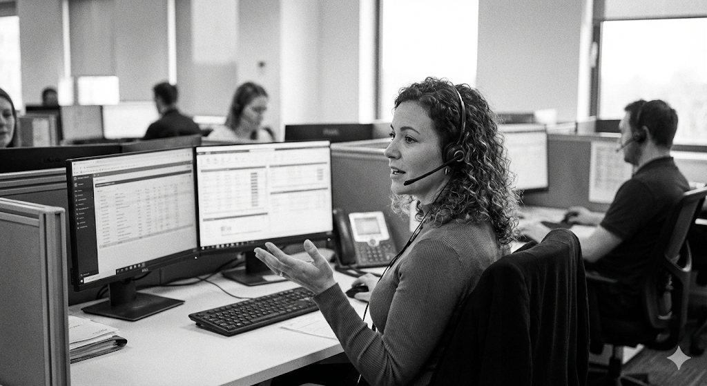 Call center agent gesturing while on call