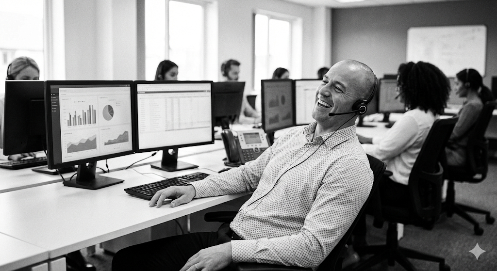 Call center agent laughing at desk
