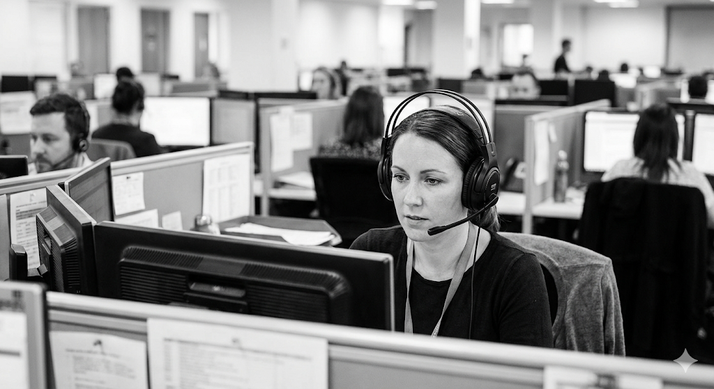 Call center agent wearing headset