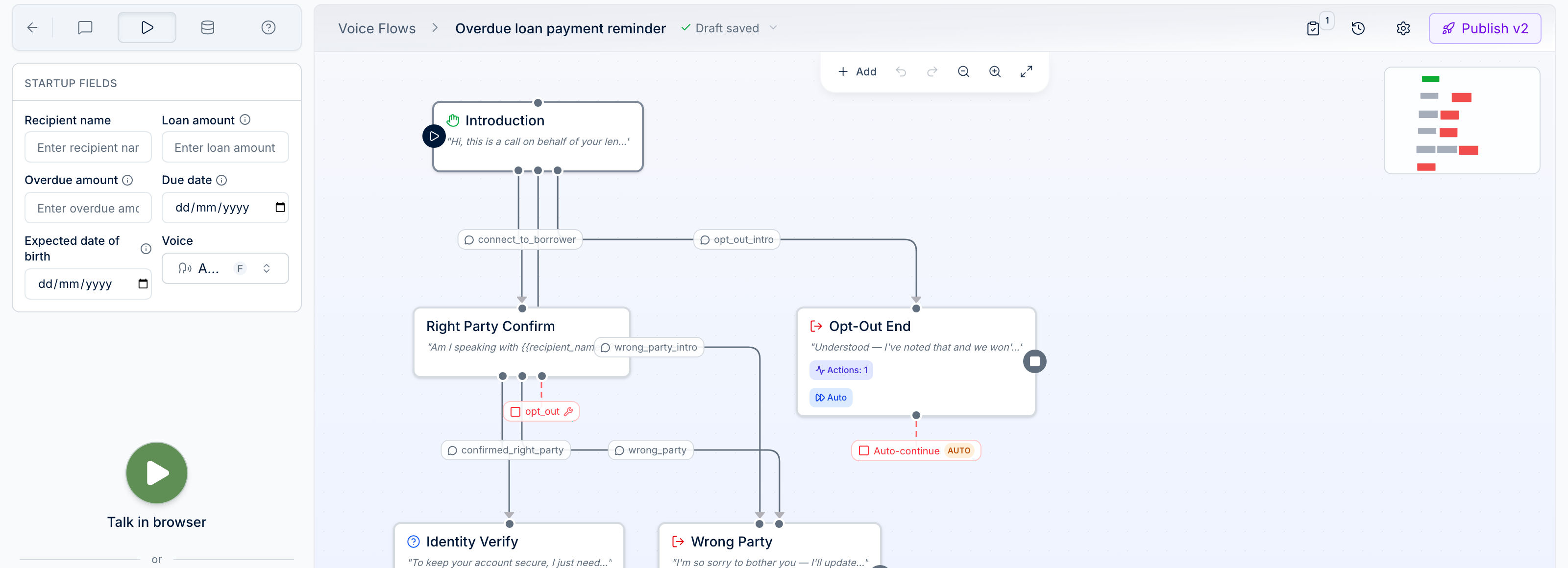 The script editor with the testing panel open: the call script's diagram on the right, the call's details and testing controls on the left.