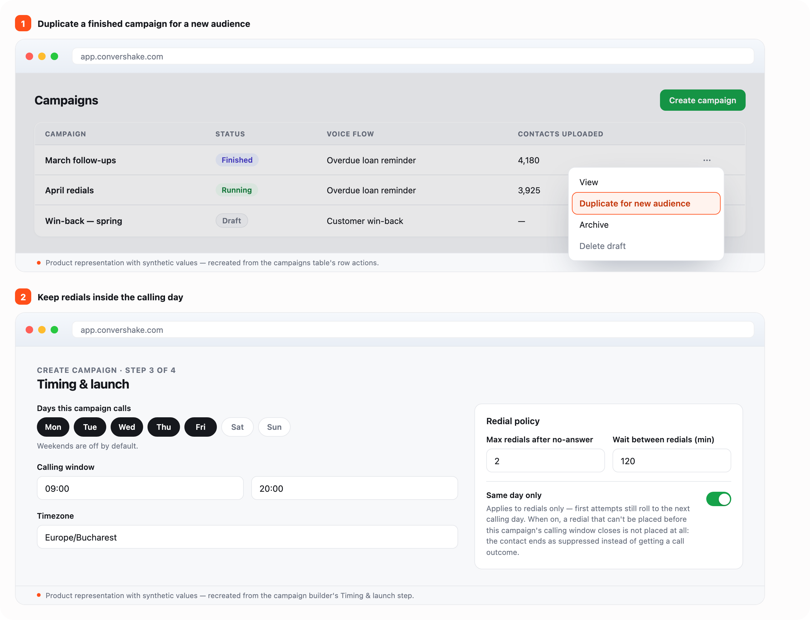 Two product screens: the campaigns table with a row menu open on “Duplicate for new audience”, and the campaign builder's Timing & launch step with the Redial policy panel and the Same day only switch turned on.