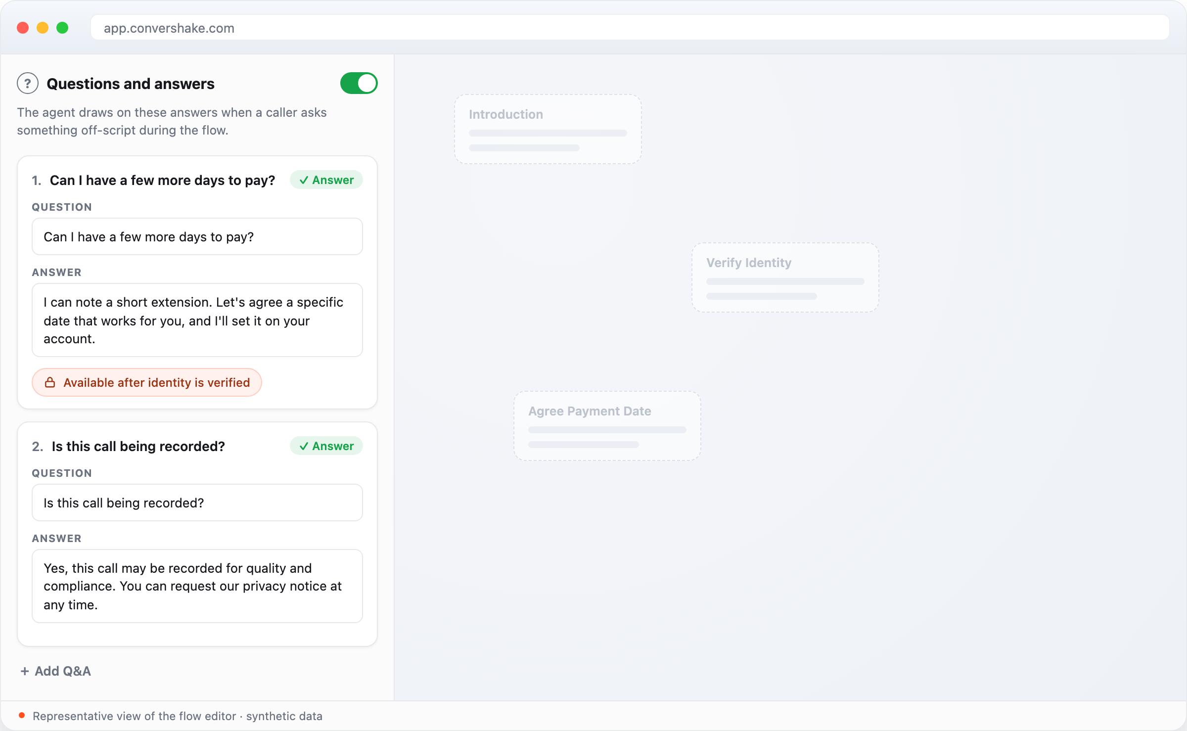 The flow editor's Questions and answers panel, enabled, with two approved Q&A pairs. The first — a request for a few more days to pay — is marked available only after identity is verified.